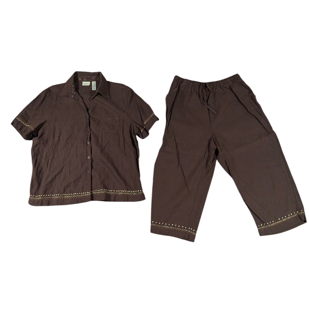 Classic Elements Brown‎ Linen Blend Embroidered Top & Cropped Pants Set XL 18